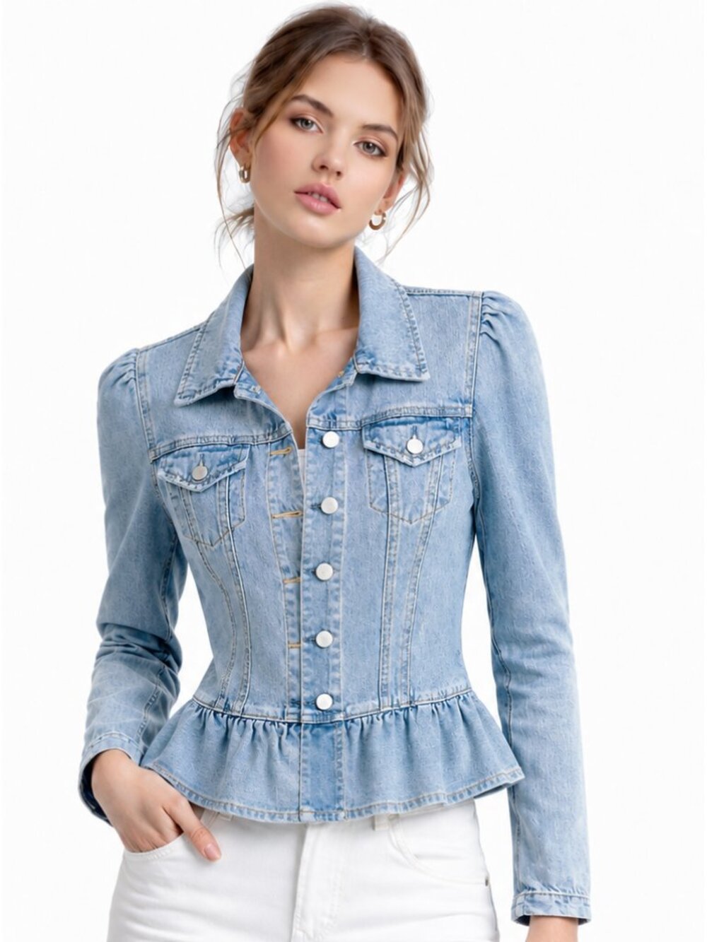 New Chelsea & Violet Denim Jean Jacket Fitted Puff Sleeve Peplum Cropped | XS